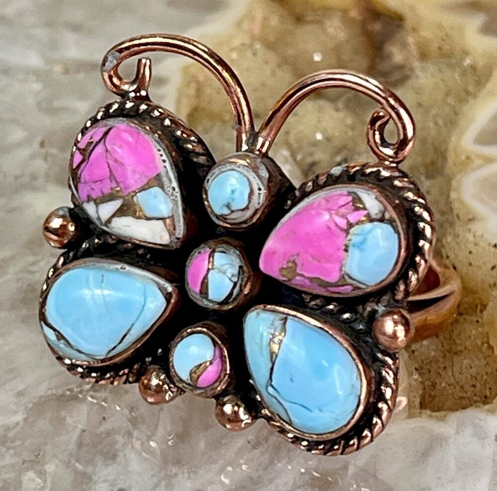 Handmade Cotton Candy Dahlia Butterfly Southwestern Copper Adjustable Ring 10.5g